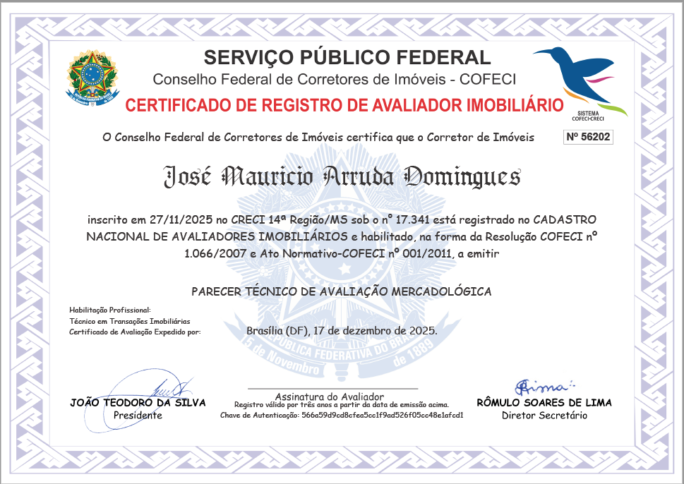 Certificado de Registro de Avaliador Imobiliário COFECI — CNAI nº 56.202, Mauricio Domingues