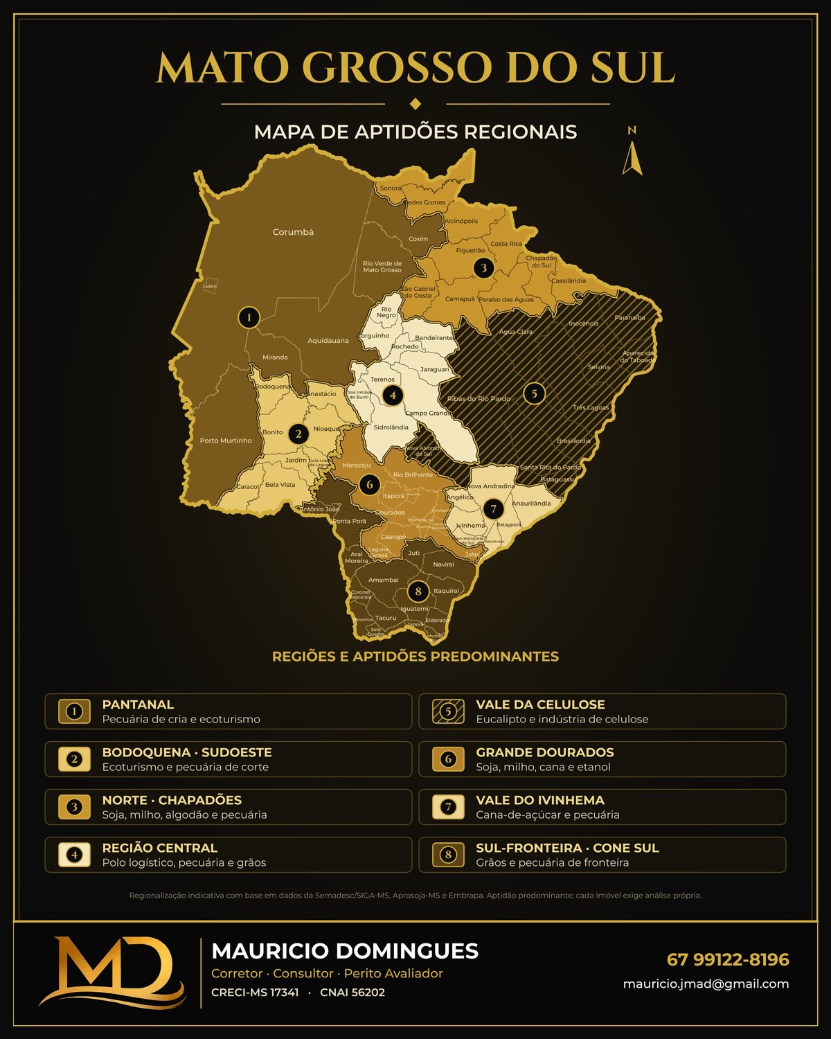 Mapa de aptidões regionais de Mato Grosso do Sul com oito regiões: Pantanal, Bodoquena e Sudoeste, Norte e Chapadões, Região Central, Vale da Celulose, Grande Dourados, Vale do Ivinhema e Sul-Fronteira